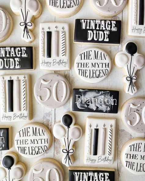 Cookie Ideas For 50th Birthday, Bourbon Royal Icing Cookies, Mens Surprise Party Ideas, 60 Cookies Birthday, Male Birthday Cookies Decorated, 55th Birthday Cookies, Man Birthday Cookies Decorated, 70 Birthday Cookies For Men, 70th Birthday Cookies Decorated Men