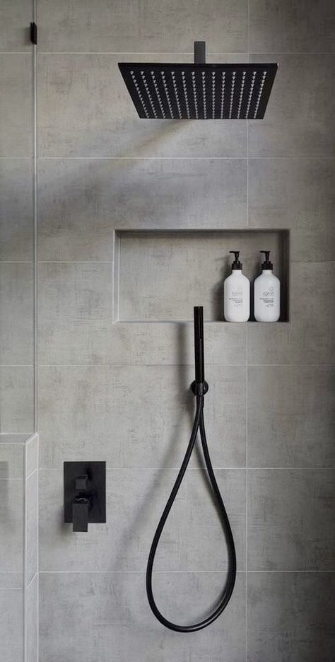 Grey And White Bathroom, Bathroom Shower Design, Bathroom Decor Luxury, Architecture Ideas, Shower Niche, Rainfall Shower Head, Trendy Bathroom, Shower Remodel, Bathroom Remodel Master