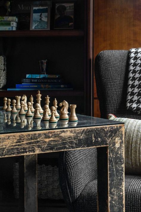 Moody Den, Red Buffet, Game Table And Chairs, Sitting Chair, Cotton House, Moody Interiors, Chess Table, Bright Walls, Dark And Moody