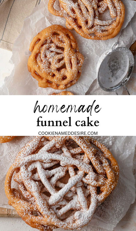 funnel cake topped with powdered sugar on parchment paper Baking Traybakes, Funnel Cake Recipe Easy, Homemade Funnel Cake, Funnel Cake Recipe, Sallys Baking, Funnel Cakes, Pbs Food, Carnival Food, Fair Food