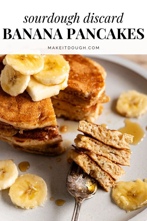 Treat yourself to a delightful breakfast with our Sourdough Banana Pancakes! Quick, homemade, and oh-so-fluffy. Perfect for using up overripe bananas and sourdough discard. Visit MakeItDough.com for more recipes. Sourdough Discard Banana, Healthy Breakfast Items, Sourdough Discard Bread, Discard Bread, Pancakes Ideas, Spelt Pancakes, Flatbread Crackers, Sourdough Banana, Sourdough Scoring