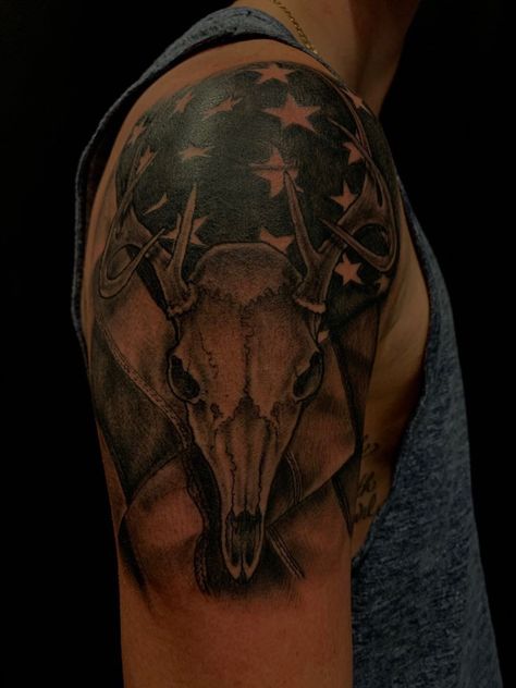 Hunting Shoulder Tattoos For Guys, Deer Skull Tattoo For Men, Deer Tattoo Men, Boyfriend Tattoos, Deer Hunting Tattoos, Deer Skull Tattoo, Austin Tattoo, Deer Skull Tattoos, Deer Tattoo Designs