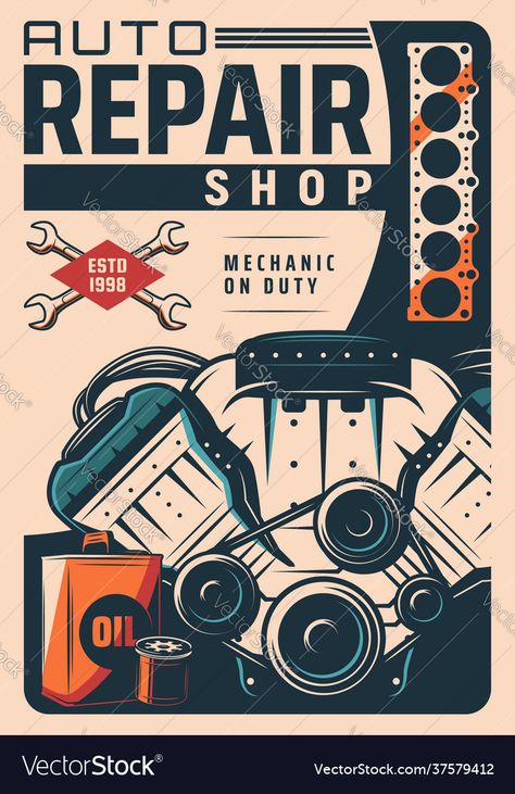 Car Spare Parts Shop Interior Design, Auto Parts Store Design, Engine Oil Poster, Car Repair Shop Design, Auto Repair Shop Design, Shop Poster Design, Car Detail Shop, Retro Car Poster, Engine Poster