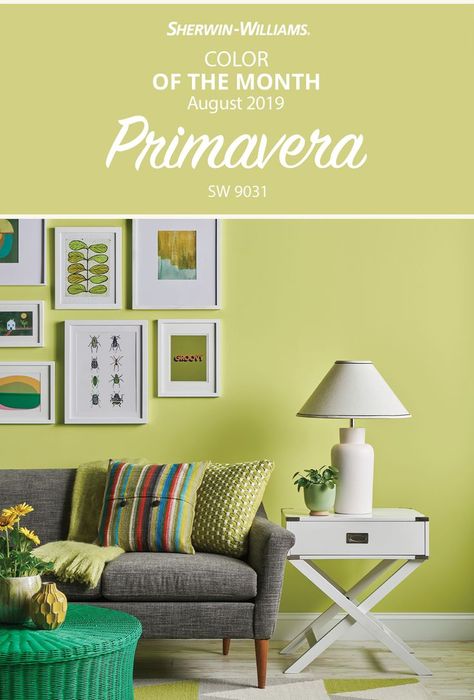 For a fun, fresh paint color that's sure to brighten any room, look no further than the Sherwin-Williams August Color of the Month, Primavera SW 9031. Perfect for your next nursery, living room, bedroom or furniture DIY project, this energizing chartreuse hue provides all the paint color inspiration you need. #sherwinwilliams #colorofthemonth #august #green #yellow #chartreuse #colorinspiration #diy #paintproject Light Yellow Paint, Modern Sofa Sets, Lime Green Bedrooms, Yellow Paint Colors, Color Of The Month, Living Room Wall Color, Modern Sofa Set, Paint Color Inspiration, Sherwin Williams Colors