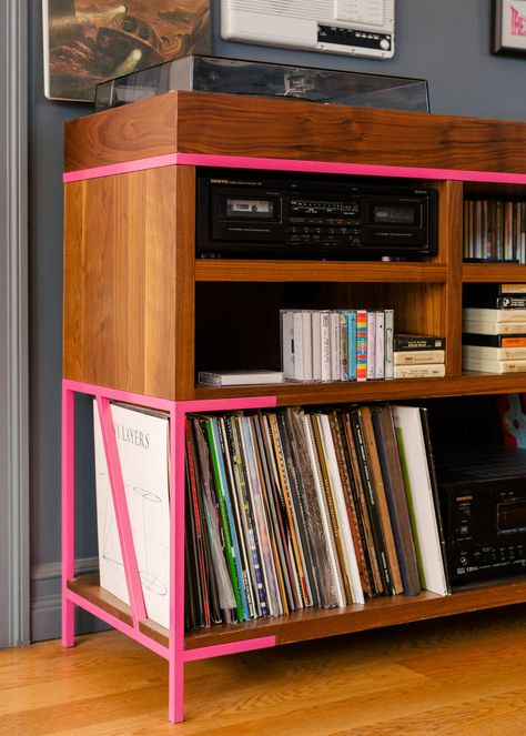 Bucktown Townhouse — zakrose Turntable Furniture Design, Vinyl Record Room, Studio Music Room, Turntable Furniture, White Oak Dining Table, Record Player Cabinet, Dj Table, Dj Room, Record Room