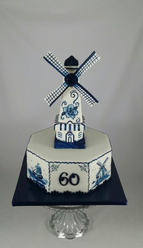 Handpainted Dutch Delft Blue Cake - Cake by Lisa-Jane Fudge Country Cakes, Magic Cakes, Travel Cakes, Tulip Cake, 50th Anniversary Cakes, Dutch Heritage, Dutch Delft, 3d Cake, Blue Cakes