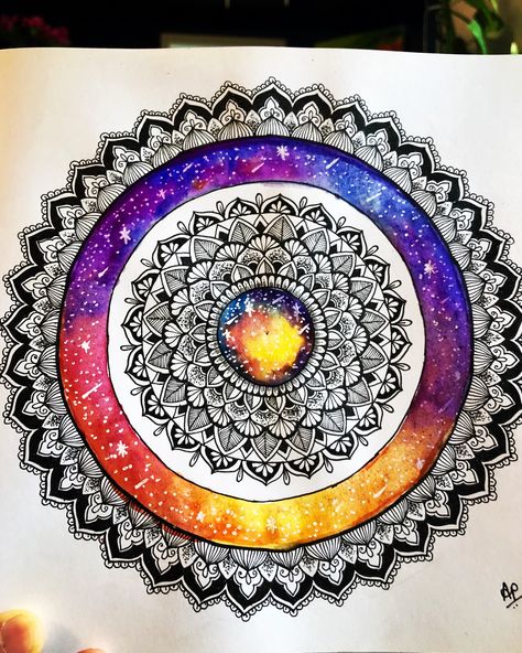 Galaxy watercolor Mandala art. Black mandala design. Mandala Art With Watercolor, Watercolor Mandala Art, Galaxy Mandala Art, Doodles Mandala, Galaxy Mandala, Galaxy Watercolor, Om Art, Black Mandala, Watercolor Mandala