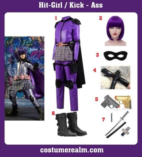 How To Dress Like Hit-Girl Costume Guide For Halloween Purple Wig Costume Ideas Halloween, Wig Costume Ideas Halloween, Purple Hair Costume Ideas, Wig Costume Ideas, Hit Girl Costumes, Outfits Guide, Holloween Costumes, Costume Ideas Halloween, Costume Guide