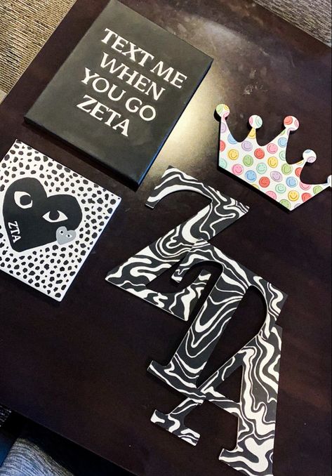 Black And White Sorority Canvas, Big Sorority Letters, Zta Letters Painted, Canvas Sorority Ideas, Sorority Clipboard Ideas, Zta Canvas Painting, Big Little Basket Notes, Gphi Canvas Paintings, Aephi Canvas