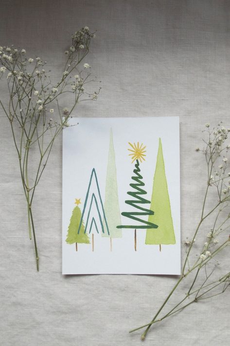 Pine Trees - Etsy UK Christmas Aquarelle Card, Cards Handmade Ideas Creative, Water Colour Christmas Cards, Watercolor Christmas Cards Ideas, Water Colour Cards, Christmas Watercolor Paintings, Watercolor Card Ideas, Christmas Cards Design, Watercolor Christmas Art