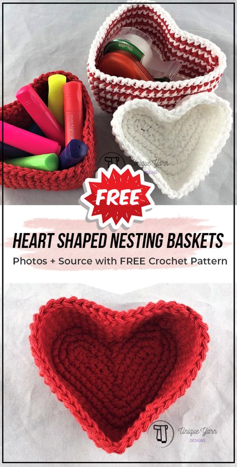 crochet Heart Shaped Nesting Baskets free pattern - easy crochet basket pattern for beginners Crochet Heart Basket Free Pattern, Easy Crochet Basket, Easy Crochet Basket Pattern, Crochet Cozies, Baskets Crochet, Valentine Crochet, Crocheted Baskets, Heart Basket, Crochet Valentine Patterns