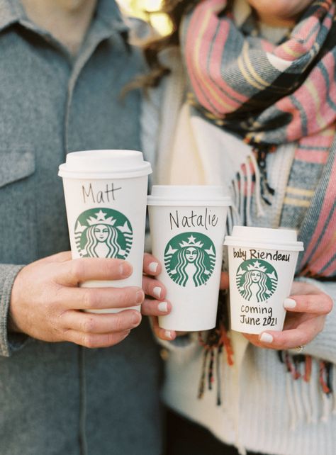 Starbucks Pregnancy Announcement by BlueRosePhotography Cozy Pregnancy Announcement, Coffee Maternity Shoot, Coffee Shop Baby Announcement, Coffee Baby Announcement, Spill The Beans Pregnancy Announcement, Coffee Shop Pregnancy Announcement, Coffee Pregnancy Announcement, Starbucks Pregnancy Drinks, Coffee And Pregnancy