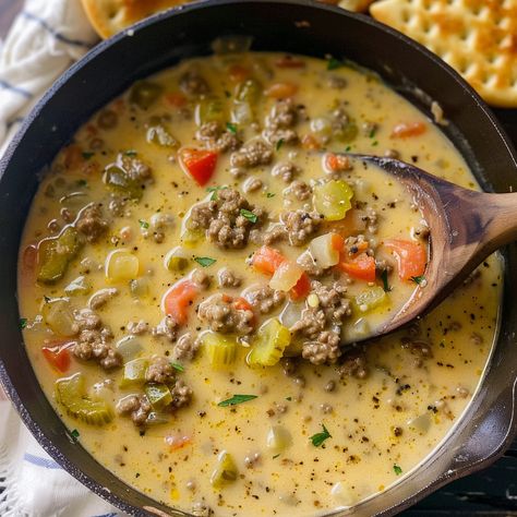 Cheeseburger Soup Creamy Cheeseburger Soup, Garlic Breadsticks, Comfort Soup Recipes, Cheeseburger Soup, Loaded Potato, Comfort Soup, Homemade Chili, Bread Bowls, Creamy Soup