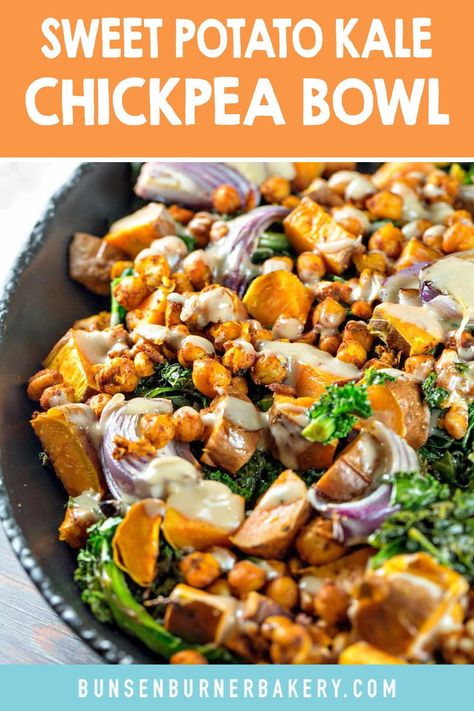 Sweet Potato Cabbage, Sweet Potato And Garbanzo Beans, Kale And Sweet Potato Recipes, Sweet Potato And Kale Recipes, Sweet Potato Salad, Sweet Potato Chickpea Bowl, Sweet Potato Kale Bowl, Roasted Sweet Potatoes And Kale, Kale Buddha Bowl