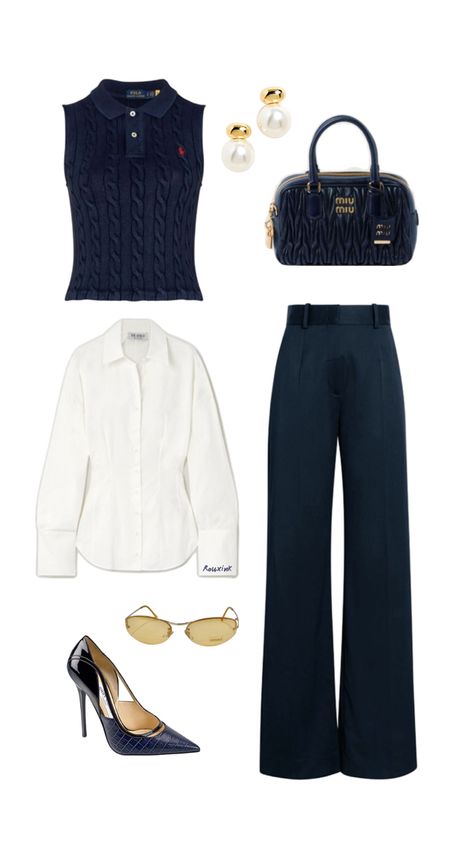 Navy Trousers Outfit, Navy Blue Business Casual, Business Casual Outfit Ideas, Navy Office, Cream Handbag, Cream Outfit, Business Casual Outfit, Navy Blue Coat, Cream Outfits