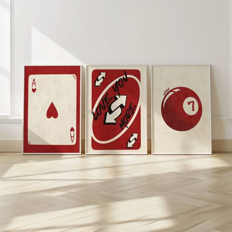 Trendy Retro Set Of 3 Piece Wall Art, Love You More Wall Art, 7 Ball Poster, Ace Card Print, 3 Piece Wall Art, Red Wall Art Set Midcentury Modern Art Wall, Big Art Bedroom, Games Room Wall Art, Apartment Posters Aesthetic, Room Decor Bedroom Retro, Cool Art For Room, Love You More Uno Card, 8 Ball Painting On Canvas, Retro Wall Art Ideas