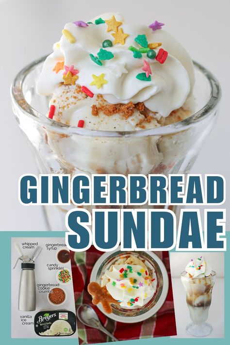 This quick and easy Gingerbread Ice Cream Sundae features just 5 ingredients, including vanilla ice cream, homemade gingerbread syrup, crushed gingerbread cookies, whipped cream, and fun Christmas sprinkles. Christmas Ice Cream Sundae, Ice Cream Sundae Recipe, Gingerbread Syrup, Sundae Recipes, Ice Cream Sprinkles, Homemade Vanilla Ice Cream, Christmas Sprinkles, Ginger Snap Cookies, Sprinkle Cookies