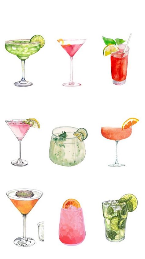 Unique hand-drawn cocktail recipe ClipArt, perfect for creating personalized event materials and promotional graphics. Vodka Cran, Cocktails Clipart, Cocktail Images, Cocktail Illustration, Diy Cocktails, Strawberry Margarita, Inspiration Painting, Cocktail Art, Drinks Design