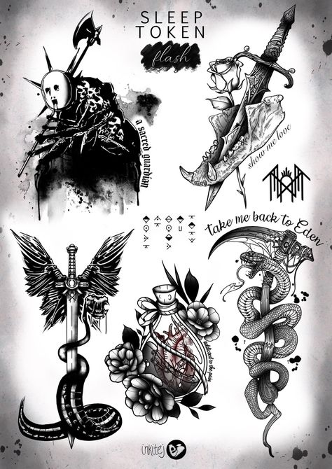 Multiple Style Tattoo Sleeve, Take Me Back To Eden, Back To Eden, Scandinavian Tattoo, Emo Tattoos, Traditional Tattoo Sleeve, Sleep Token, Flash Tattoo Designs, Flash Sheet