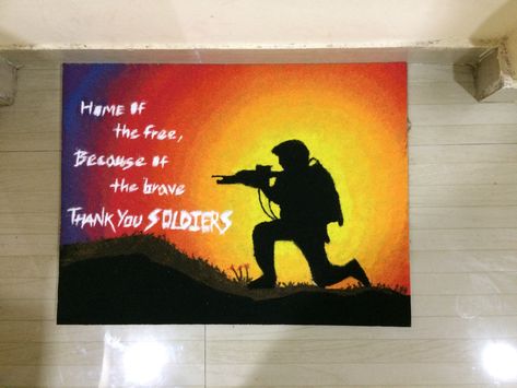 Soldier Army Drawing, Rangoli Designs For Competition, Soldier Drawing, Rangoli Designs Latest, Rangoli Ideas, New Rangoli Designs, National Heroes, Board Decoration, Indian Army