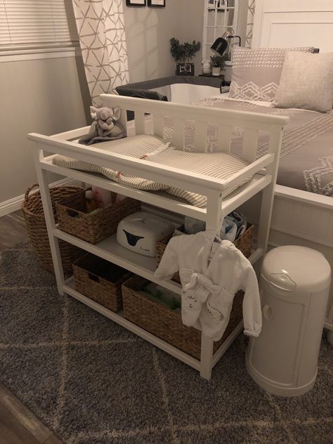 Space Saving Changing Table, Simple Changing Table, Ikea Gulliver Changing Table, Bedside Nursery Ideas Small Room, Small Changing Table Ideas, Bedside Baby Station, Newborn Bedside Station, Baby Changing Table Ideas, Changing Table Redo