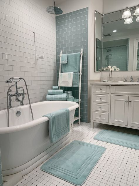 21 Cheap Bathroom Makeover Ideas – The DIY Desire Light Blue Bathroom Ideas, Cheap Bathroom Makeover, Blue Bathroom Ideas, Blue Shower Tile, Bathroom Makeover Ideas, Adhesive Floor Tiles, Light Blue Bathroom, Cheap Bathroom, Turquoise Walls