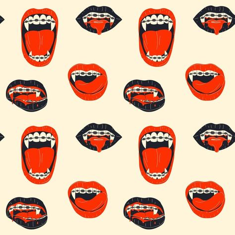 Seamless pattern with Vampire mouth with braces and fangs closed and open female red lips with long, pointed canine teeth Mouth With Braces, Vampire Teeth Drawing, Vampire Mouth, Canine Teeth, Teeth Drawing, Canine Tooth, Vampire Teeth, Logo Banners, Cityscape Photos