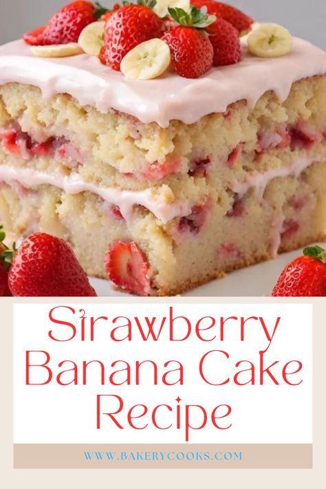 Indulge in the delightful fusion of flavors with our Strawberry Banana Cake Recipe. Moist and tender, this cake combines the sweetness of ripe bananas with the tartness of fresh strawberries. Perfect for any occasion, it's a slice of fruity bliss in every bite. Strawberry Banana Shortcake, Strawberry Banana Bundt Cake, Banana Bliss Cake, Strawberry And Banana Cake, Strawberry Banana Pudding Cake, Banana And Strawberry Recipes, Strawberry And Banana Dessert, Strawberry Banana Cake Recipe, Banana Strawberry Cake