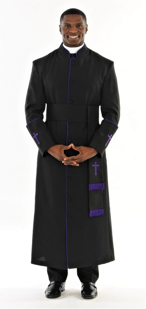 005. Men's Preacher Clergy Robe & Cincture Set in Black & Purple - Divinity Clergy Wear Robes For Men, Clergy Robes, Black Jesus, Christ Quotes, Church Suits, Godly Man, Inspirational Prayers, Outfits Men, Double Breasted Suit