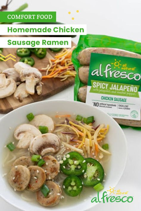 Sausage Ramen, Mushroom Ramen, Ramen Recipe, Jalapeno Chicken, 15 Minute Meals, Ramen Recipes, Shredded Carrot, Chicken Sausage, Sliced Mushrooms