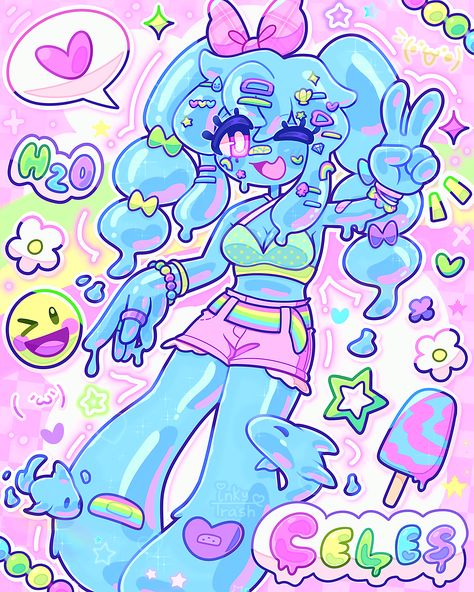 Slime Texture Drawing, Cute Cartoonish Art Style, Loose Art Styles, Bright Art Style, Slime Girl Character Design, Slime Girl Oc, 2020 Art Style, Slime Girl Art, Character Design Ideas Inspiration