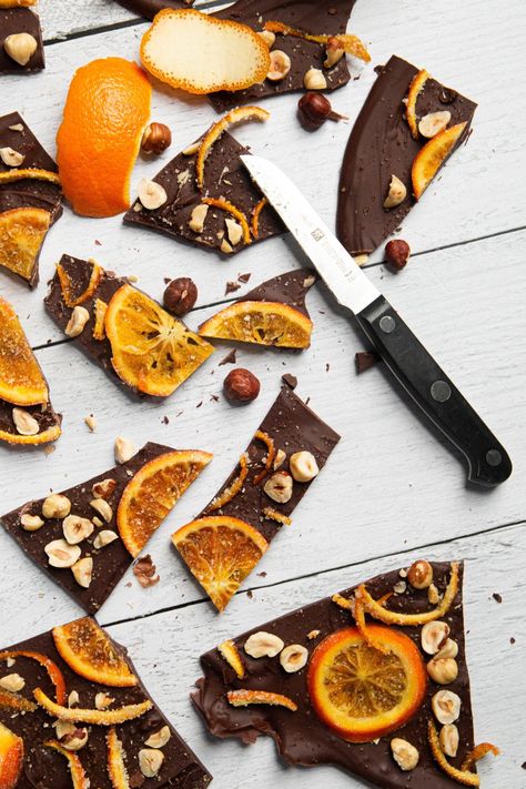 Dark Chocolate Bark Holiday Baking Party, Dark Chocolate Bark, Chocolate And Orange, Homemade Chocolate Bars, Dark Chocolate Orange, Candied Orange, Party Snack Food, Candied Orange Peel, Bark Recipe