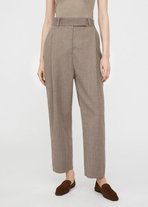 Toteme tailored trousers made from wool. They are designed for a wide fit and shaped to a relaxed silhouette featuring a deep-pleated high waist with a hook and zipper fastening and side pockets. Style them with a tucked-in top to work. Peg Trousers, Pleated Drapes, Trouser Design, Office Wear Women, Pleated Trousers, Long Trousers, Women Pants Casual, Tailored Trousers, High Waisted Pants