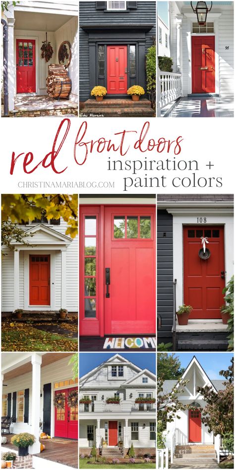 The meaning and history of having a red front door, plus ideas of how it can increase your curb appeal. Plus the BEST red colors to sample when considering painting your red front door. Red Door House Exterior, Red Door House Color Schemes, Red Door Exterior House Colors, Red Door On Brick House, Red Paint For Front Door, Red Front Door With Sidelights, Cherry Red Front Door, Houses With Red Front Doors, Best Red Front Door Paint Color