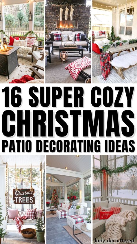 16 Super Cozy Christmas Patio Decorating Ideas Christmas Decor Screened Porch, Enclosed Porch Christmas Decor, Holiday Patio Decor, Patio Cozy Ideas, Christmas Screened Porch Decor, Christmas Screened In Porch, Screened Porch Christmas Decor, Christmas Patio Party Ideas, Christmas Screen Porch Decorating Ideas