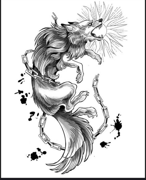 Two Wolves Tattoo Design, Japanese Wolf Tattoo Design, Nordic Wolf Tattoo, Skoll Hati Tattoo, Fenrir Tattoo Design, Black Wolf Tattoo, Two Wolves Tattoo, Wolves Tattoo, Fenrir Tattoo