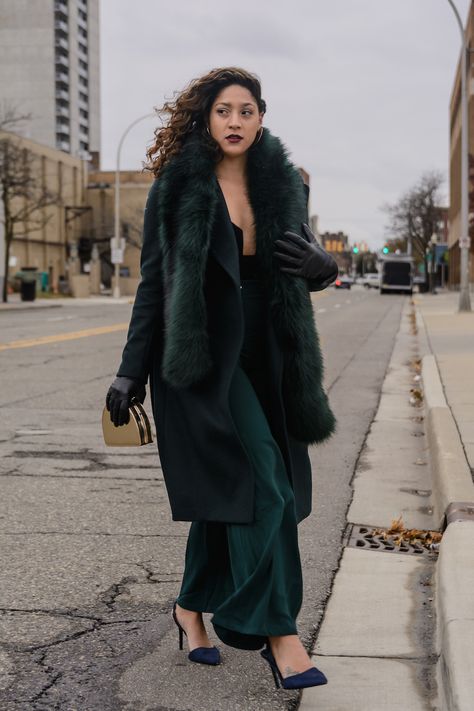 Chic All Green Holiday Outfit Idea to Stand Out this Season Green Christmas Outfit Women, Green Christmas Outfit Aesthetic, Chic Green Holiday Dress, Christmas Outfit Women Party, 2022 Christmas Outfit, Christmas Outfit Women, Green Satin Dress Fur Coat, Christmas Outfit Women Holiday, Company Christmas Party Outfit