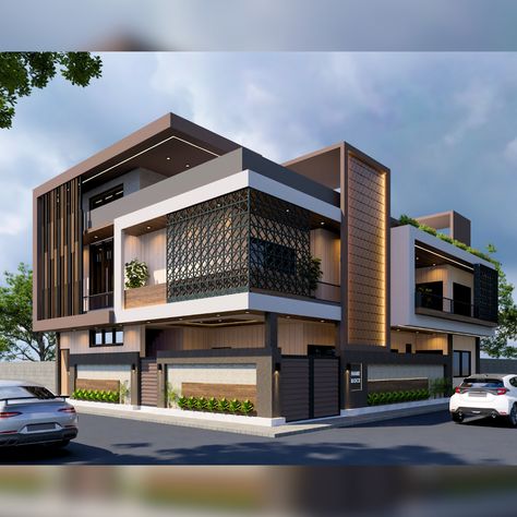 Corner Elevation Design Modern, Side Elevation Designs For House, 5 Floor Building Elevation, Corner Plot Elevation Design, Exterior Elevation Design Modern, Modern Elevation Designs For House, Corner Elevation Design, Bungalows Design, Corner House Elevation Design