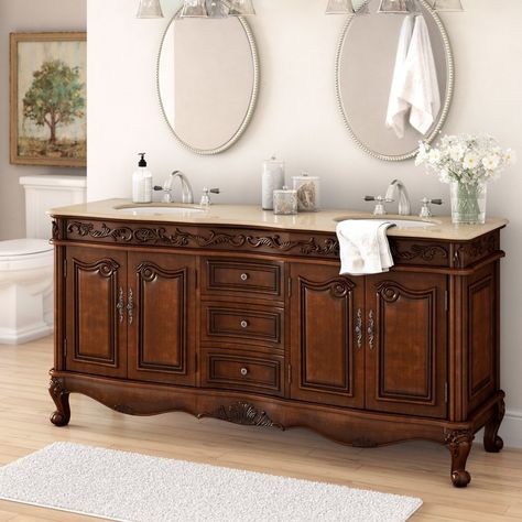 Pillsbury 72" Double Bathroom Vanity Set Church Bathroom, Double Sink Cabinet, Bathroom Vanity Faucets, Distressed Cabinets, Bath Cabinet, Remodeling Bathroom, Brown Granite, Mirror Backsplash, Undermount Sinks