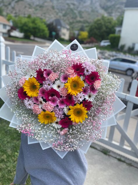 With gerbera and sunflowers mixed flowers Mixed Floral Bouquet, Sunflower Mixed Bouquet, Mixed Bouquet Floral Arrangements, Mother’s Day Bouquet, Mother’s Day Flower Bouquet, Flat Bouquet, Birthday Ramo, Mix Flower Bouquet, Flower Bouquet Sunflower