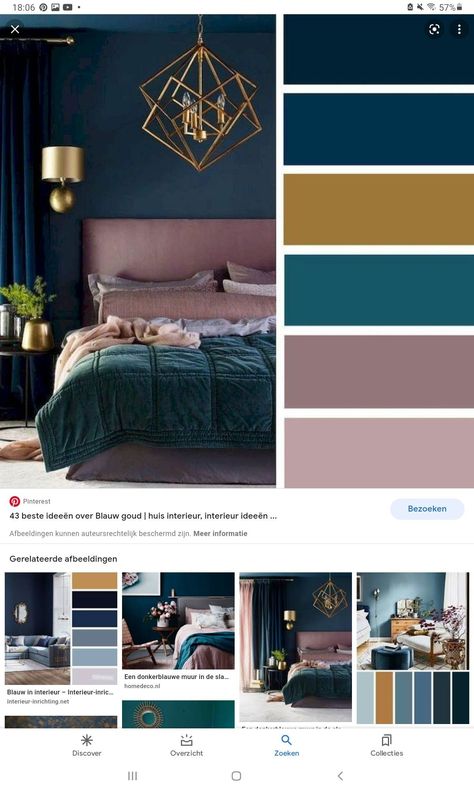 Interior Decorating Bedrooms, Teal And Copper Bedroom, Interior House Design Ideas, Midnight Blue Bedroom, Dark Teal Bedroom, Jewel Tone Bedroom, Royal Blue Bedrooms, Peacock Blue Bedroom, Peacock Bedroom