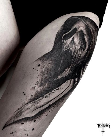 Dark Ominous Tattoo, Creepy Tattoos Men, Eerie Tattoos Dark, Creepy Leg Tattoos, Foggy Tattoo, Scary Back Tattoos, Skin Walker Tattoo, Creepy Ghost Tattoo, Skinwalker Tattoo