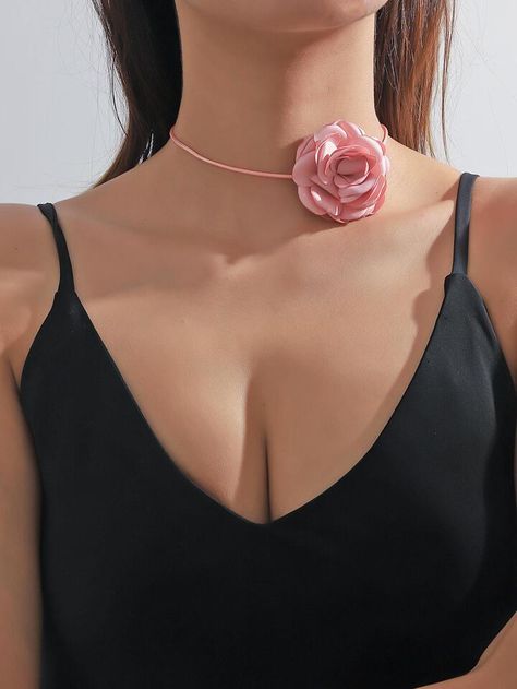 Flower Choker Necklace Diy, Pink Flower Choker, Pokemon Ocs, Choker Diy, Kalung Choker, Diy Choker Necklace, Crochet Baby Sweater Pattern, Rose Choker, Fancy Fits