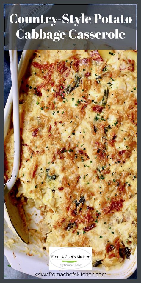 Country-Style Potato Cabbage Casserole in white baking dish with white serving spoon garnished with chopped fresh chives. Potato Cabbage Casserole, Potato And Cabbage, Potato Cabbage, Cabbage Side Dish, Cabbage Casserole Recipes, Baked Cabbage, Cabbage And Potatoes, Cabbage Casserole, Roasted Cabbage