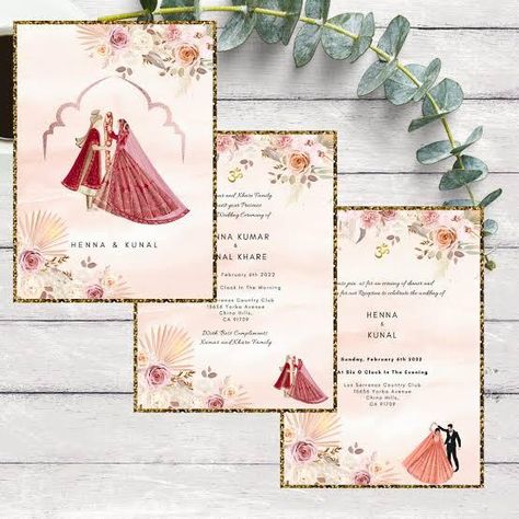 Indian Wedding Digital Invitation, Modern Hindu Wedding, Hindu Wedding Invitation Wording, Modern Indian Wedding Invitations, Illustration Couple, Illustrated Wedding Invitations, Wedding Invitation Digital, Hindu Wedding Invitations, Indian Wedding Invitation Cards