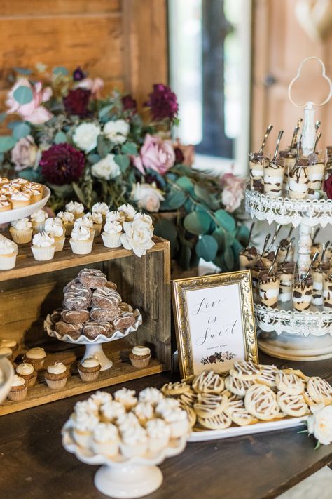 Vintage Wedding Dessert Table Ideas, Rustic Wedding Buffet Table Ideas, Fall Themed Wedding Dessert Table, Wedding Dessert Table With Candles, Cookie And Cupcake Table Wedding, Burgundy Wedding Dessert Table, Christmas Wedding Dessert Table Ideas, Boho Fall Wedding Dessert Table, Fall Wedding Desserts Table