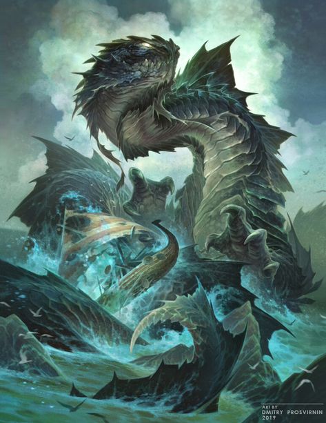 Sea Serpent, Dmitry Prosvirnin on ArtStation at https://www.artstation.com/artwork/9ePXON Dnd Sea Serpent, Dragon Serpent, Basilisk Art, Ocean Monsters, Sea Monster Art, Creature Fantasy, Sea Serpent, Beast Creature, Sea Dragon