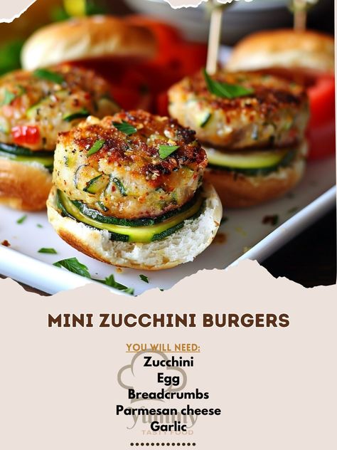 🥒🍔 Mini Zucchini Burgers are healthy, delicious, and perfect for any meal! #ZucchiniBurgers #HealthyEating Mini Zucchini Burgers Ingredients: Zucchini (2, grated) Egg (1) Breadcrumbs (1 cup) Parmesan cheese (1/2 cup, grated) Garlic (2 cloves, minced) Olive oil (2 tbsp) Salt and pepper (to taste) Slider buns (8) Toppings (lettuce, tomato, cheese) Instructions: Mix grated zucchini, egg, breadcrumbs, Parmesan, garlic, salt, and pepper. Form mixture into small patties. Heat olive oil in a ski... Zucchini Burgers, Zucchini Egg, Zucchini Burger, Grated Zucchini, Tomato Cheese, Slider Buns, Mini Burgers, Healthy Delicious, Veggie Burger