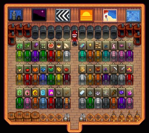 Stardew Valley Chest Shed, Stardew Valley Shed Storage, Stardew Valley Storage Ideas, Storage Stardew Valley, Stardew Valley Shed Layout Chest, Stardew Valley Big Shed Layout, Stardew Valley Chest Layout, Stardew Valley Storage Shed Layout, Stardew Valley Organization