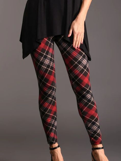 Elastic waist Checked/Plaid Printed Vintage Pants Plaid Clothing, Tartan Leggings, Black Tartan, Casual Wear Women, Patterned Tights, Legging Outfits, Stretchy Leggings, Leggings Pattern, Knit Leggings